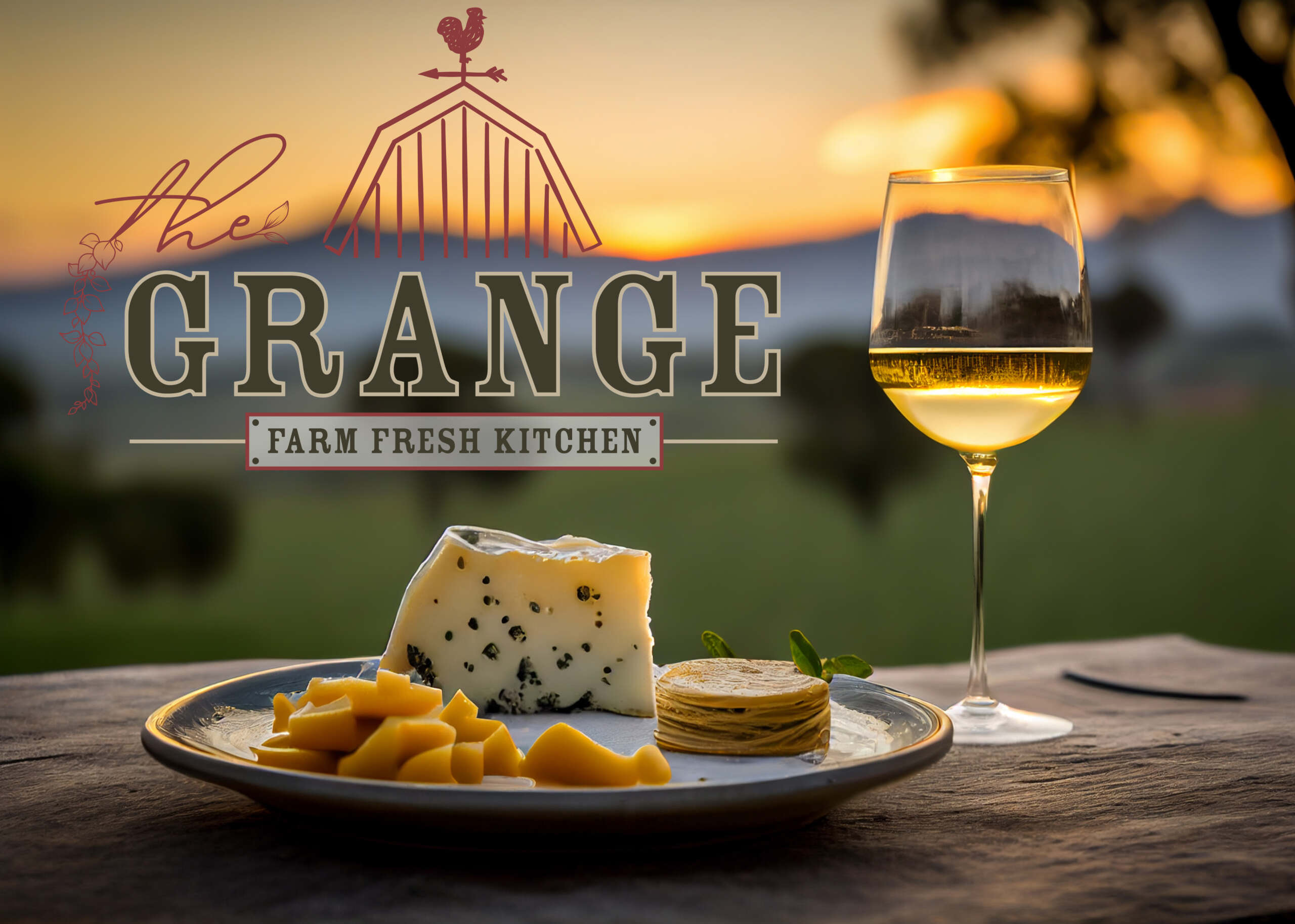 The Grange restaurant logo mocked up on a scenic image of a wineglass and plate of food
