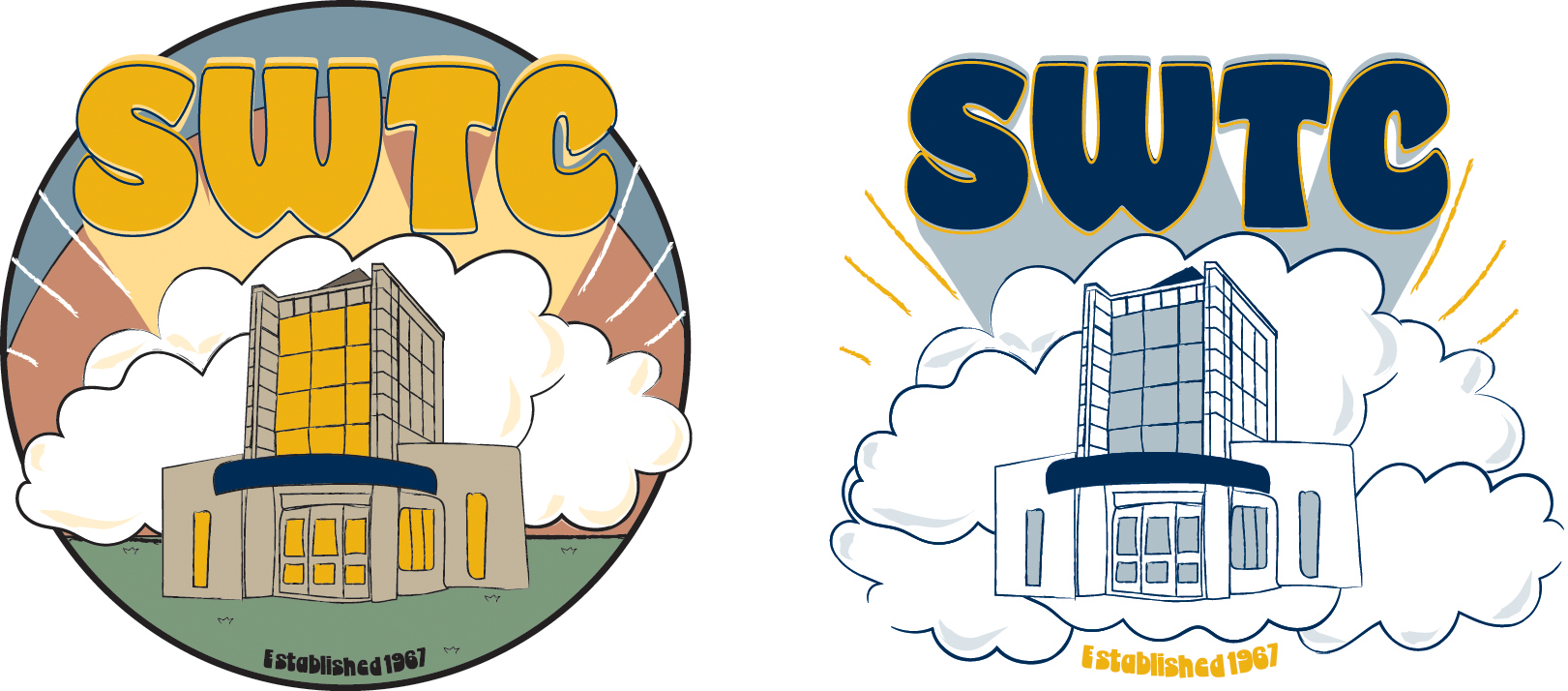 SWTC sticker design with hand drawn building and clouds